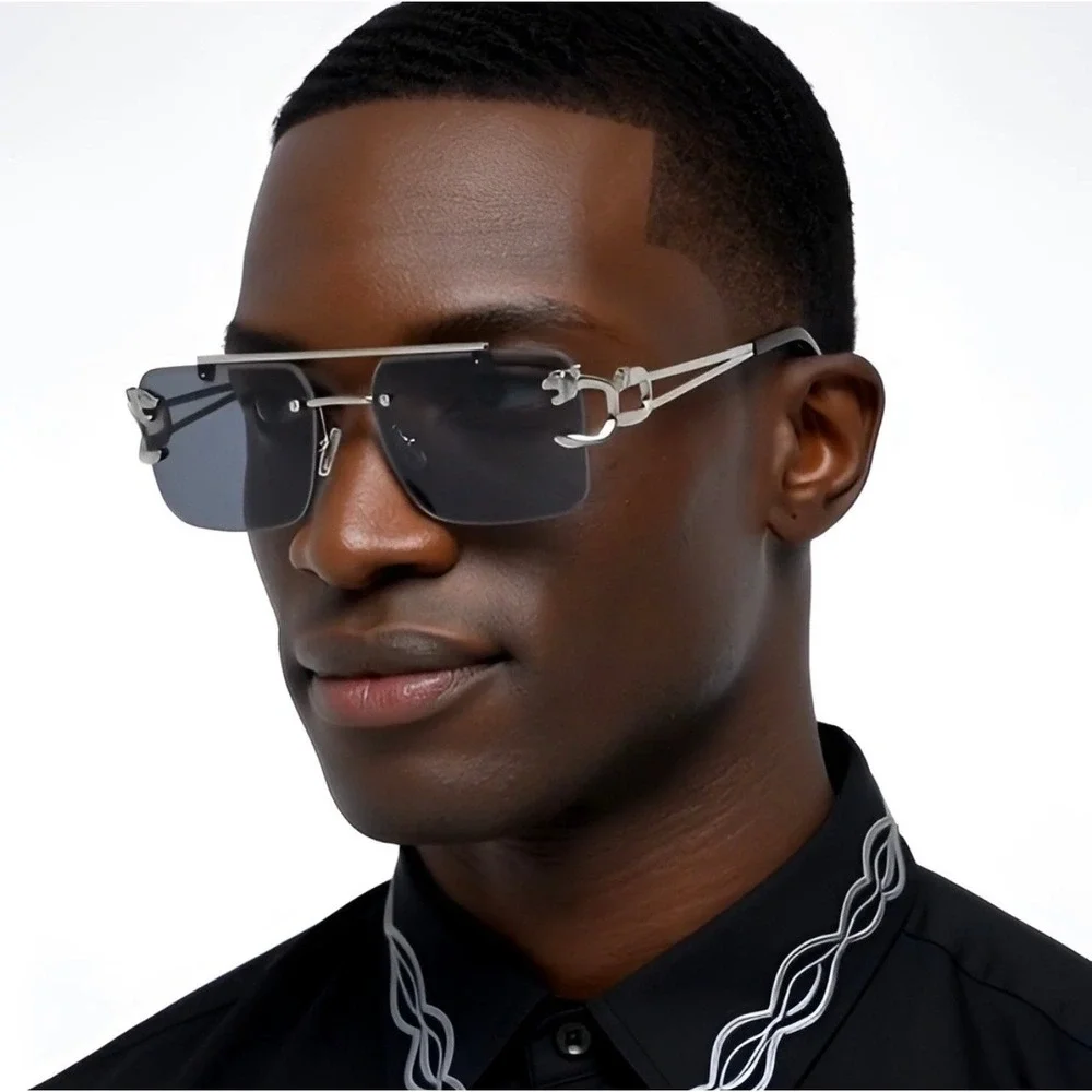 Rimless Rectangle Sunglasses Silver Frame Fashion Tinted Men Dark Black Lens New